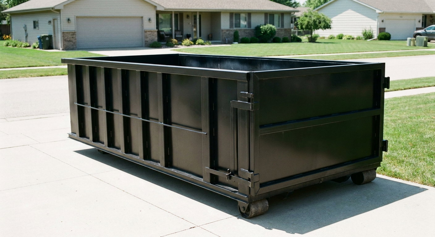 Matte-black 10-yard roll-off dumpster on a residential concrete driveway in Madison, uniformly painted matte black across every panel and rail, ribbed steel sidewalls and rear swing door visible, mid-day daylight.