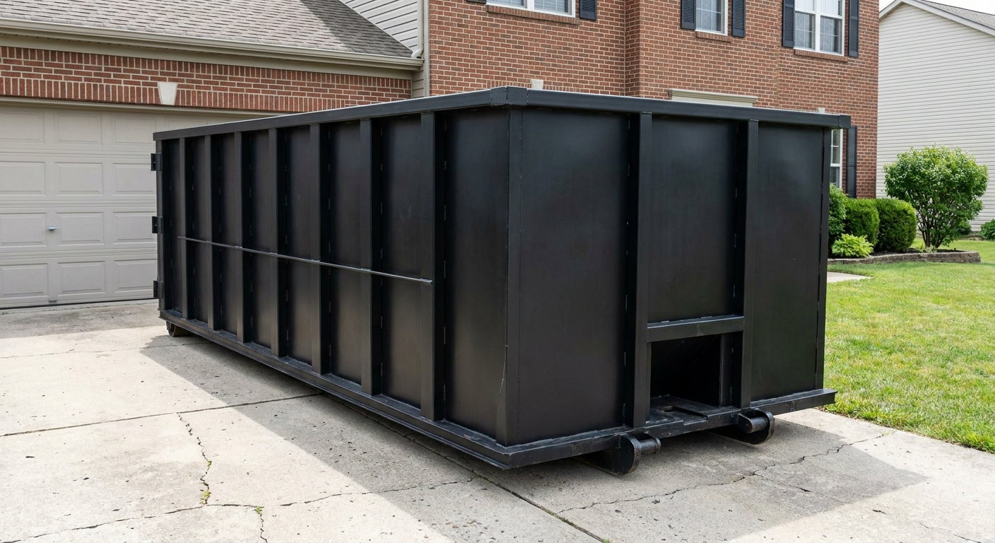 Matte-black 20-yard roll-off container on a Madison residential concrete driveway with reinforced ribbed steel sidewalls and a hinged rear walk-in door, clean bright daylight.