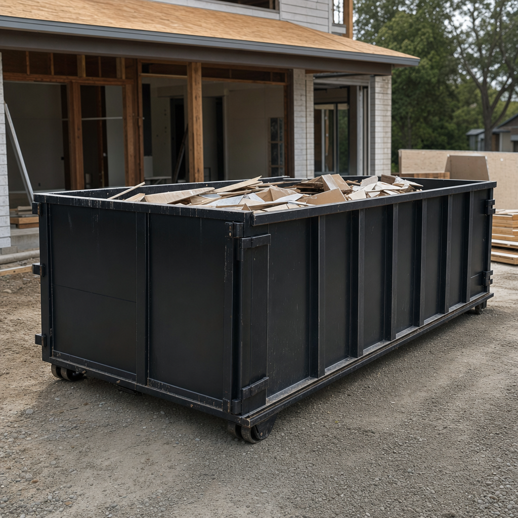 Large matte-black 30-yard construction roll-off dumpster at an active Madison jobsite, steel-gray top rails and bottom rollers visible, loaded with construction debris.