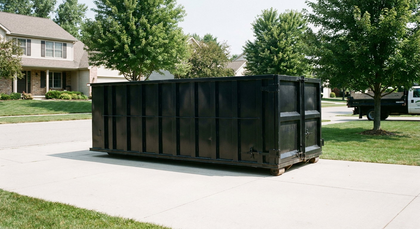 Matte-black 20-yard roll-off dumpster sitting level on a clean Madison residential concrete driveway under bright daylight, demonstrating clean placement directly on the concrete.