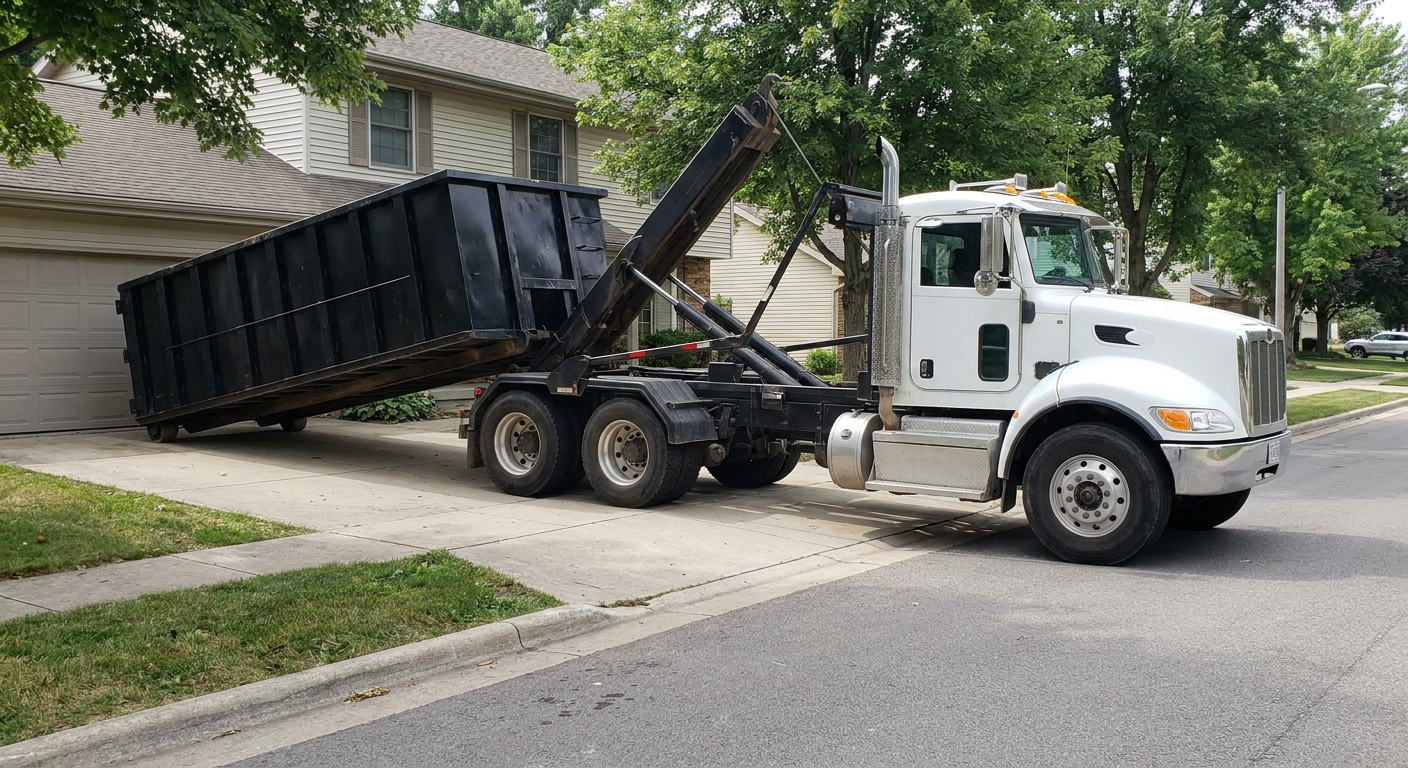 White-cab hooklift roll-off truck actively lowering a matte-black dumpster onto a Madison residential concrete driveway, the dumpster's rear wheels touching the driveway as the hoist arm tilts the bed forward, mid-morning daylight.