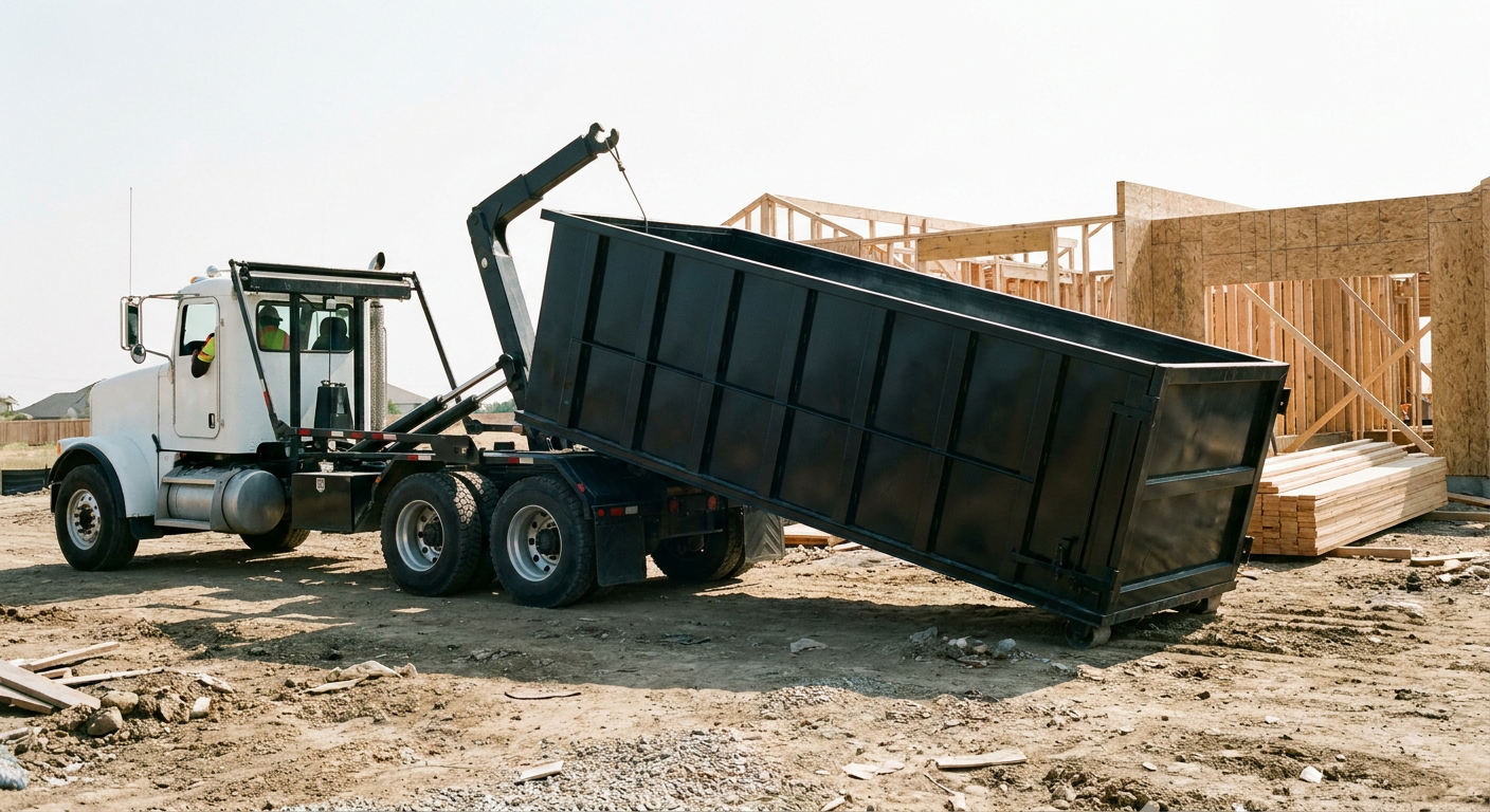 Matte-black roll-off dumpster being delivered onto a clean residential concrete driveway in Madison by an unmarked white hooklift hauler truck, bright morning daylight, documentary 35mm perspective.