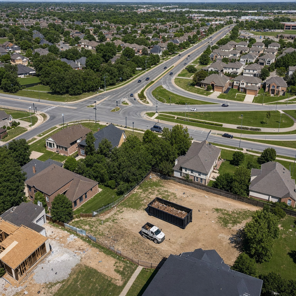 An overhead documentary view of the Madison metro area at midday, showing the spread of neighborhoods, arterial roads, and the dispatch radius from a central yard — clean daylight, organized geographic layout.